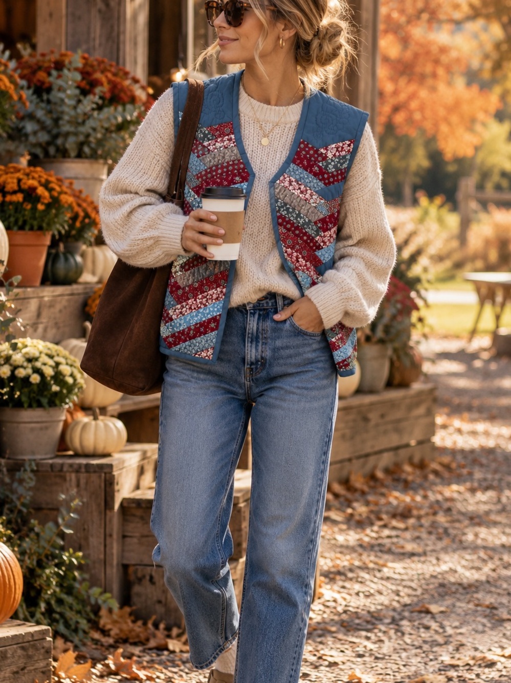 Quilted Patchwork Sleeveless Vest - Blue & Burgundy